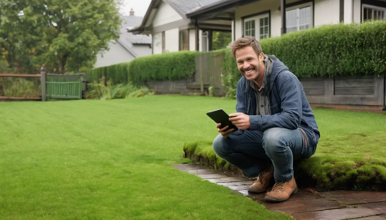 A homeowner photographing a wet spot in the yard to share with a provider