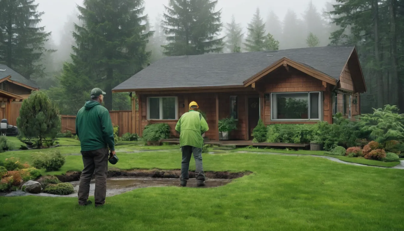 A homeowner talking with a friendly septic provider in a damp green yard near Lacey