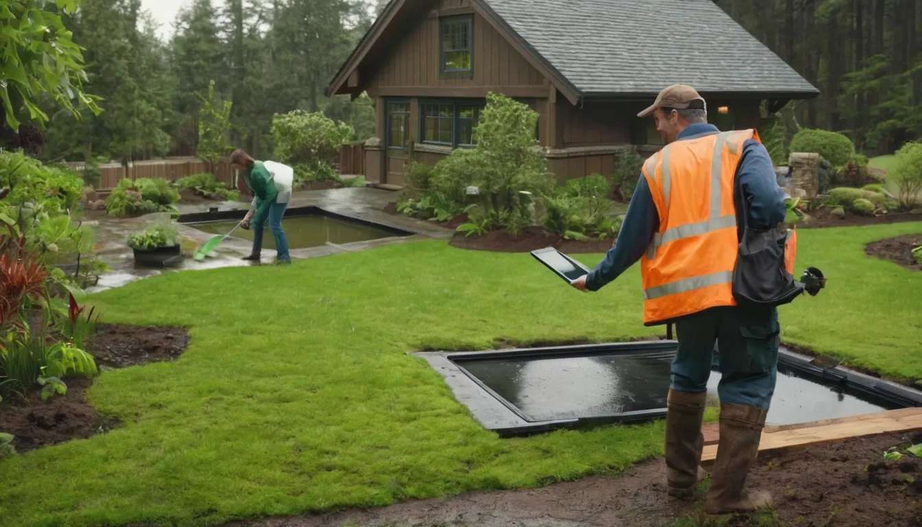 A friendly septic provider and a homeowner talking beside an open septic tank lid in a damp yard near Lacey