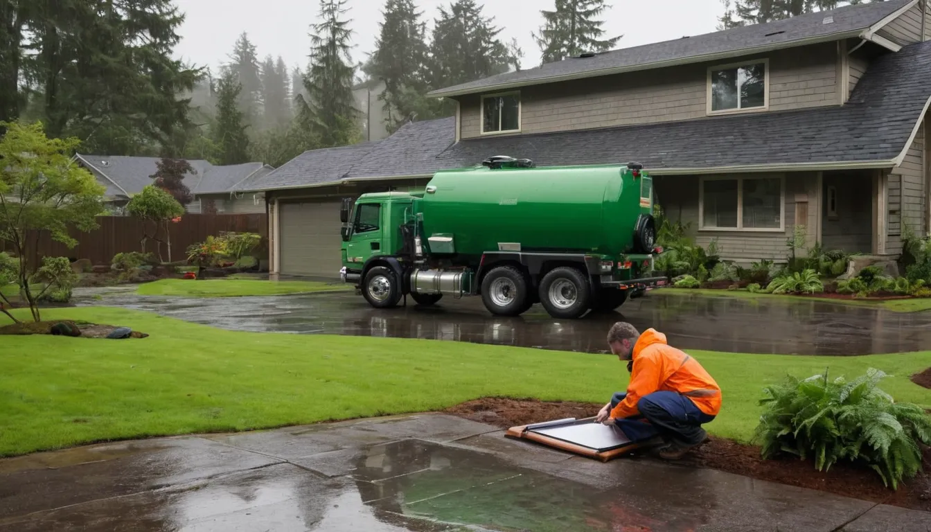 Friendly provider checking a septic tank lid in a rain-damp front yard near Lacey